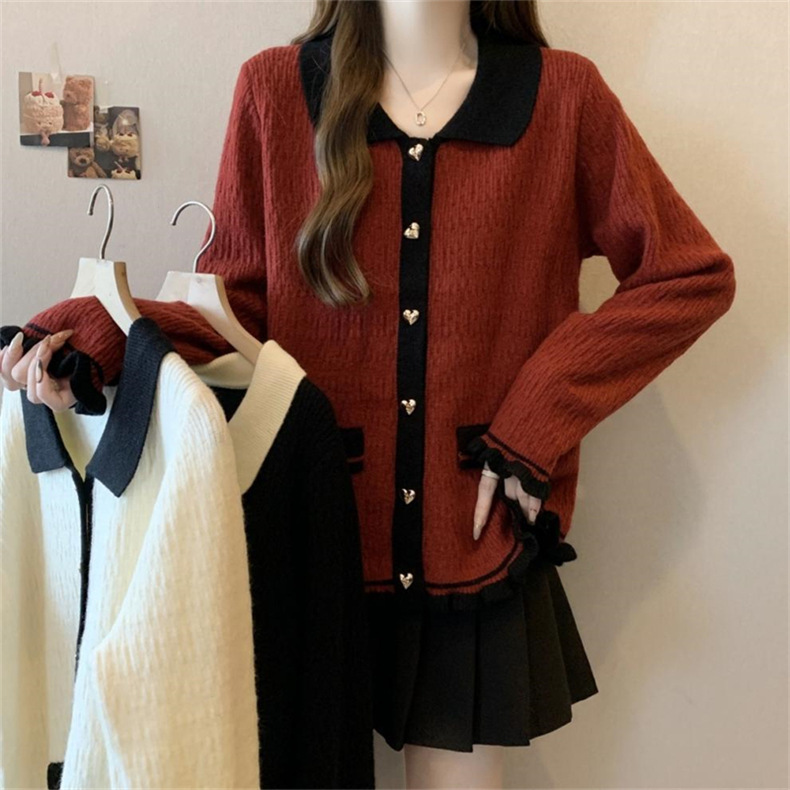 hombro francés pequeño viento fragrante borde de auricular con solapa de color contraste camiseta de punto suéter de mujeres de otoño y invierno temperamento delgado abrigo abdominal