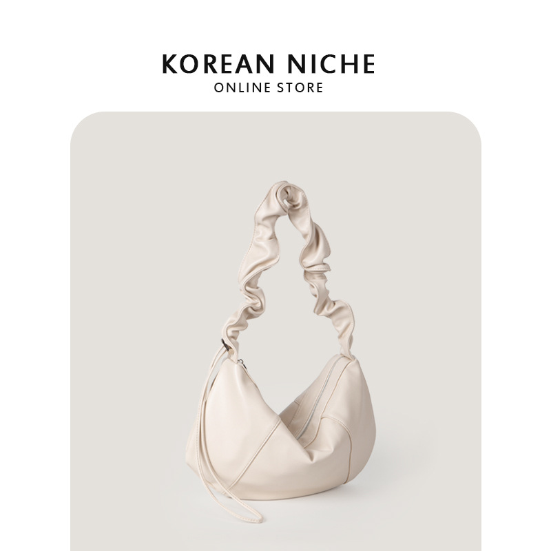 koreansk nichedesign til kvinder, plisseret blødt læder med snøre, luksuriøs følelse, håndtaske med stor kapacitet_voghion.com