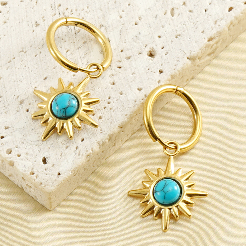 Fashion Sun Stainless Steel Plating Inlay Turquoise Drop Earrings 1 Pair display picture 3