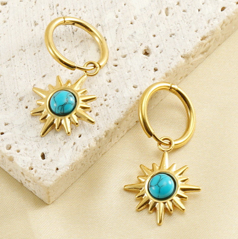 Drop Earrings Classification 1 Pair Quantity Daily Occasion 1 Pair Fashion Sun Plating Inlay 304 Stainless Steel Turquoise 18K Gold Plated Stainless Steel Earrings