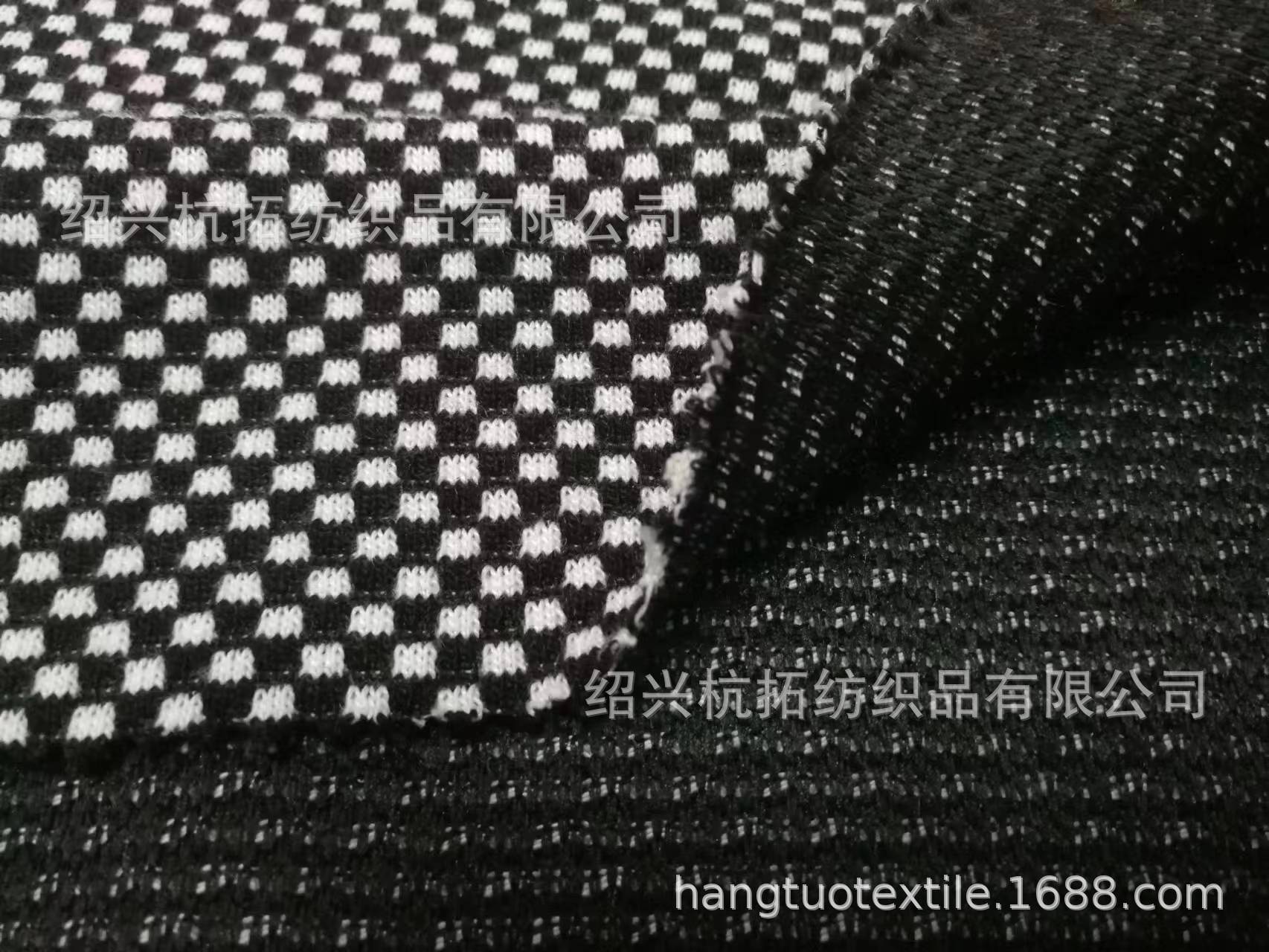 针织390g全涤黑白色织格子提花布CVC TC TR涤棉涤粘胶格子提花布