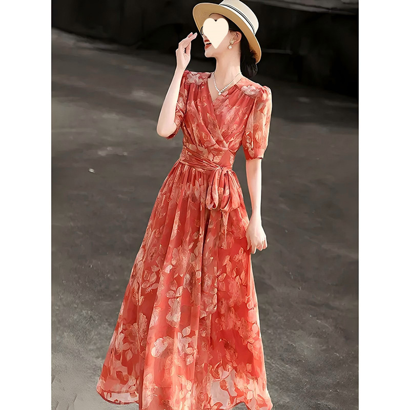 2025 New Summer Style Giant White Dress Women's Red Chiffon Floral Long Skirt Seaside Vacation