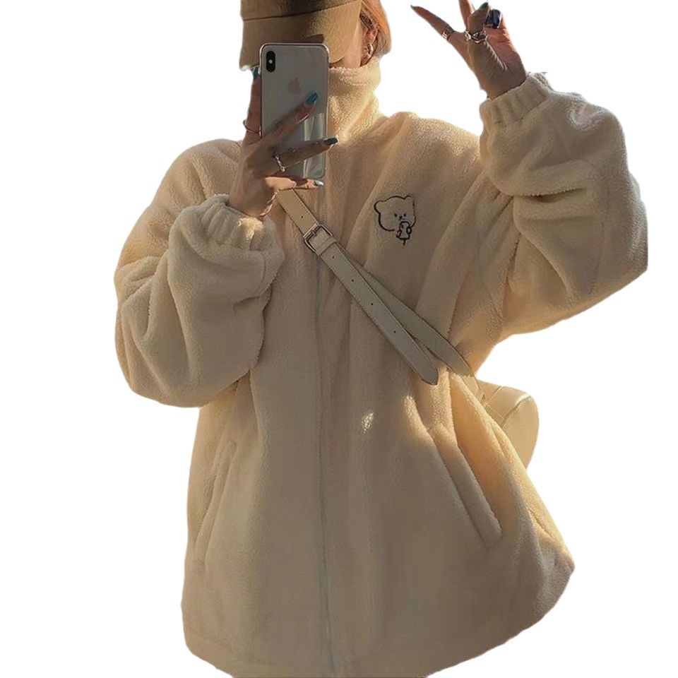 가을과 겨울 새로운 느슨한 칼라 양가죽 코트 여성 서양식 올 매치 스웨트 셔츠 귀여운 스위트 베어 봉제 탑