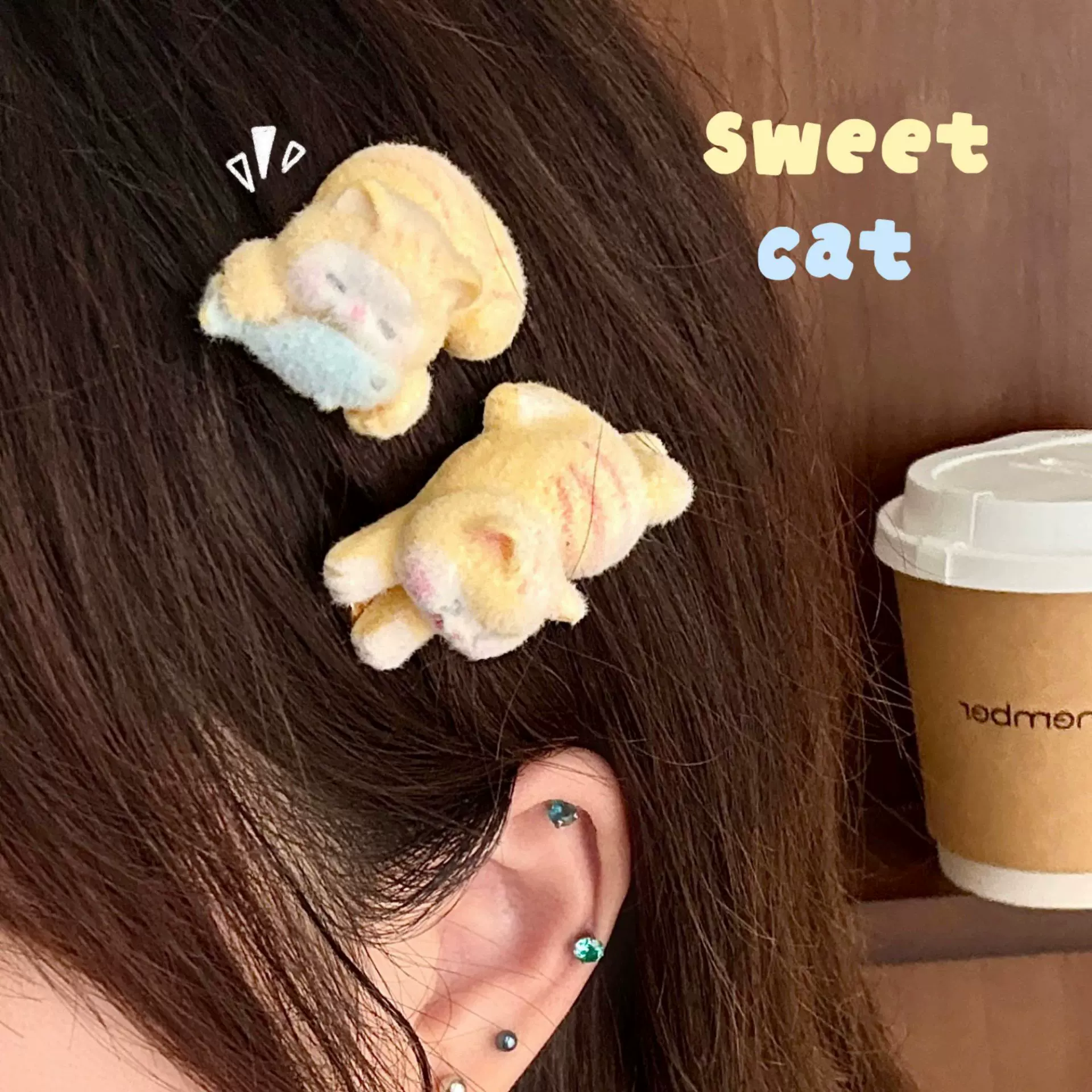 可爱小猫吃鱼发夹女树脂植绒可爱少女心侧边刘海夹鸭嘴夹卡通发饰