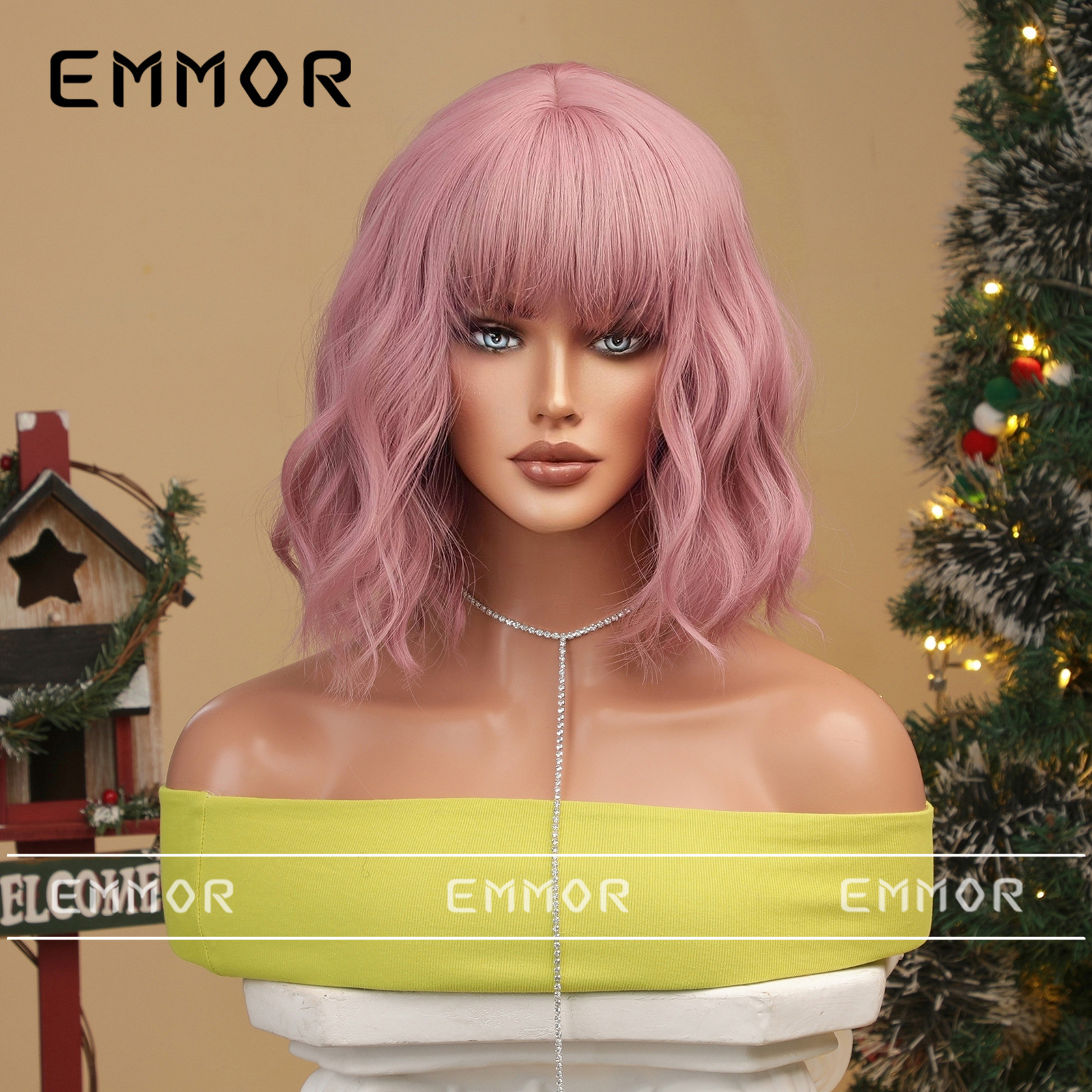 Navidad Halloween Cosplay Color Falso Qi flequillo pelo corto pelo rizado peluca bobo pelo completo