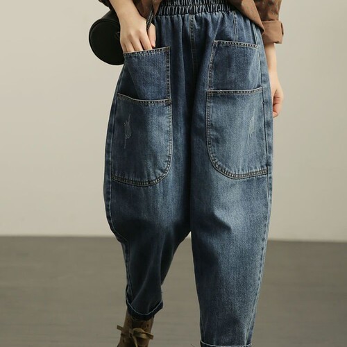 2025 New Elastic Waist Denim Seven-Eighth Pants Bootcut Father Jean Wide Leg Pants Retro Distressed High-Waist Plus Size Pants