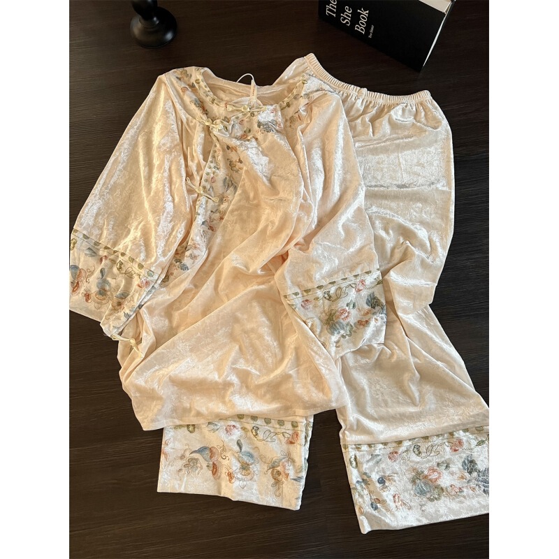 New Chinese Style Velvet Long-Sleeve Pajamas for Women, Suitable for Autumn and Winter, Can Be Worn Outside, Plus-Size Long-Sleeve and Long-Pants Loungewear Set