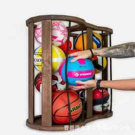跨境木制壁挂式篮球收纳筐实木弹性绳足球整理架木质悬挂置物架