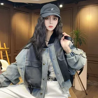 2026秋季上新新款洋气牛仔拼接PU皮爆款皮衣外套女高级感年轻爆款