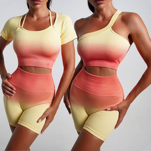  Summer European and American Gradient Women's Yoga T-Shirt + Short-Sleeve Sports Shorts – Tight, Midriff-Baring, Stretchy Two-Piece Set for Women