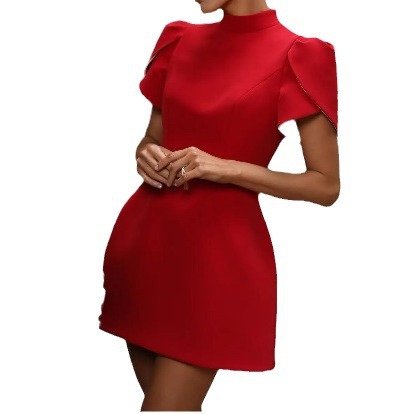 European And American Cross-border 2024 New Model Half-high Collar Short-sleeved Red Dress, Slim-fit High-waisted Dress_ecoleips.com