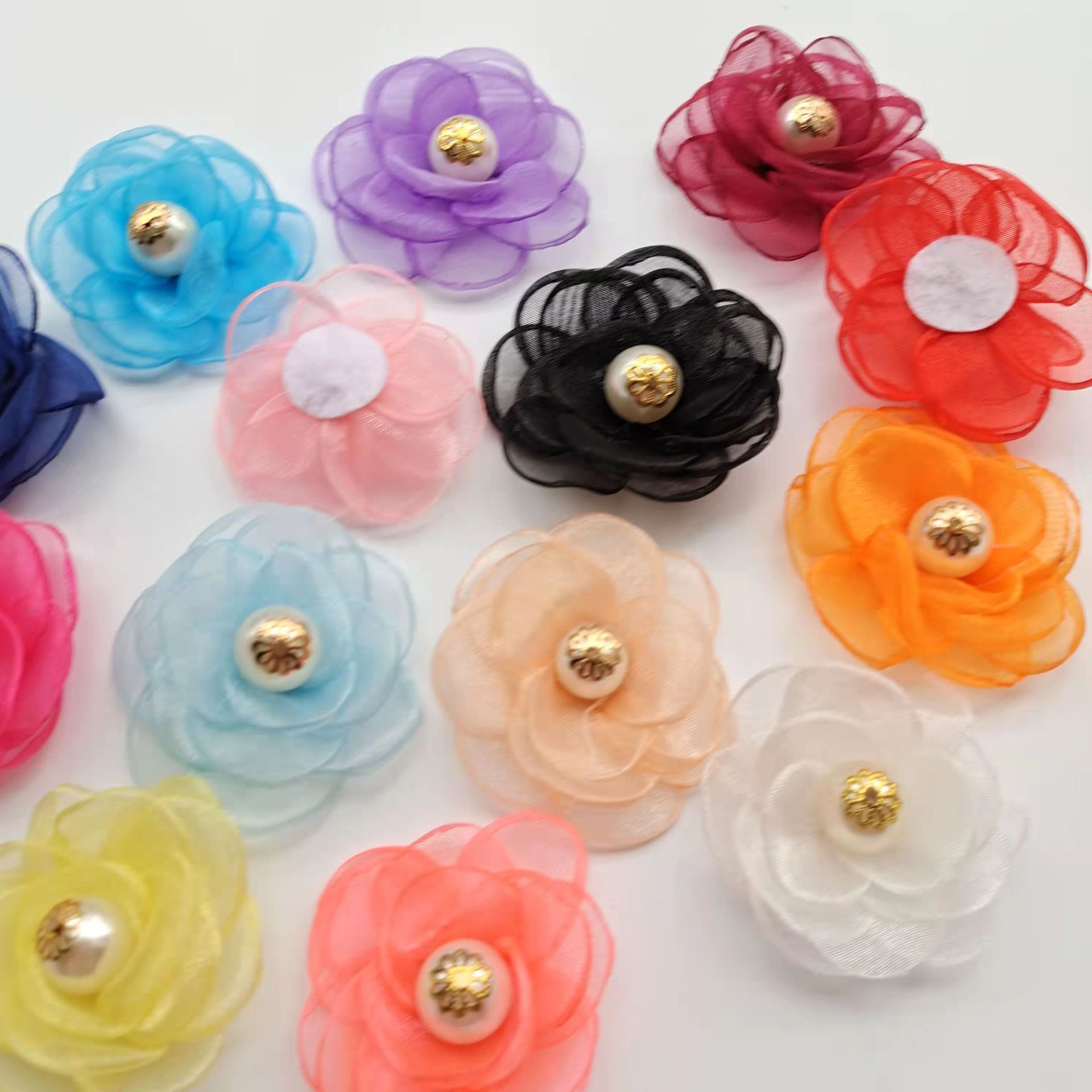 DIY韩国发饰材料 带珍珠烧边立体雪纱玫瑰花布艺花朵胸针头饰配件