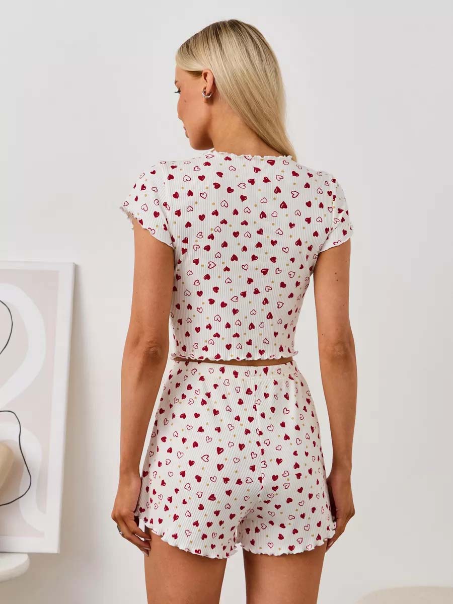 Completo pigiama da donna a maniche corte con stampa a cuori e fiocco, maniche corte._voghion.com