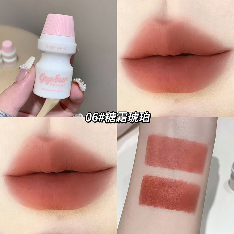 GegeBear niebla de terciopelo, polvo labial de niebla mate, no es fácil de tocar tazas de maquillaje, lápiz labial blanqueador transfronterizo, polvo labial al por mayor.