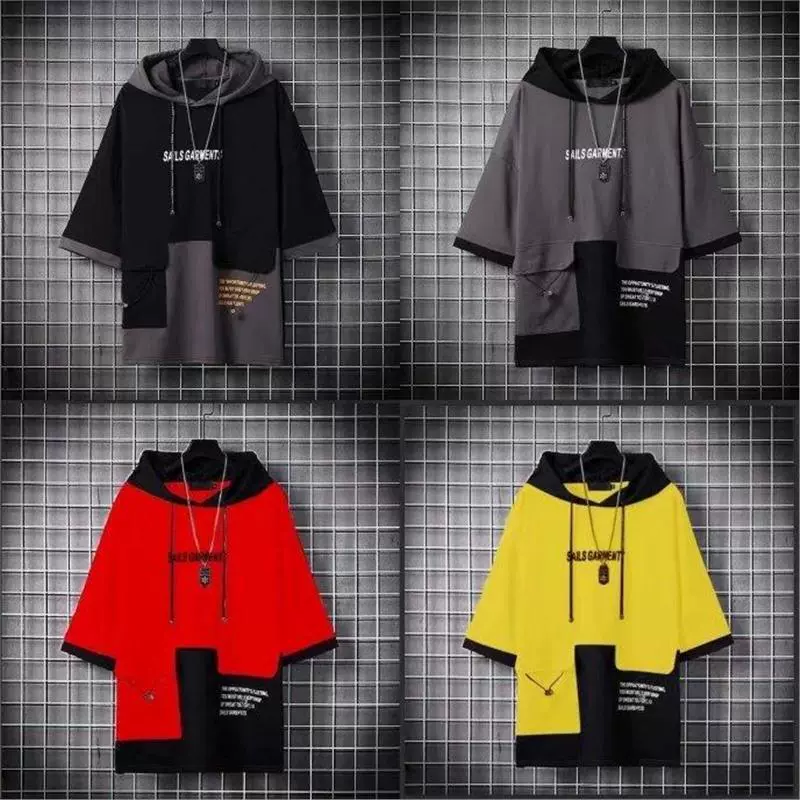 Летний свиток с капюшоном с короткими рукавами для мужчин тонкий прилив, свободный топ с принтом