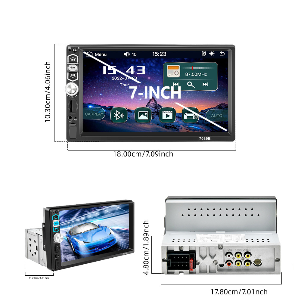 7039B Car-mounted 7inch single-spindle wired CarPlay Bluetooth USB connected reverse MP5 player with colorful lights