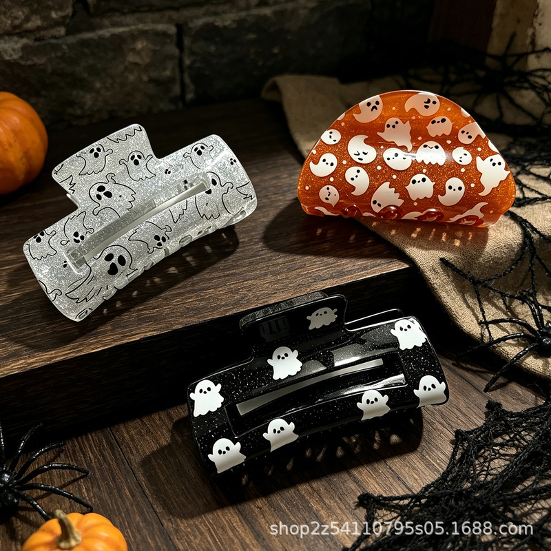 Cross-border Halloween orange ghost acrylic glittery hollow semicircular hair claw clip Cross-border Halloween orange ghost acrylic glittery hollow semicircular hair claw clip