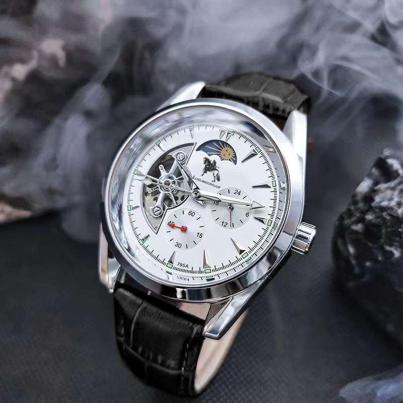 Mechanical Watch for Men, Multifunctional Tourbillon, Moon Phase, Luminous, Waterproof, Casual Business Stainless Steel Watch, Hot Selling in Southeast Asia