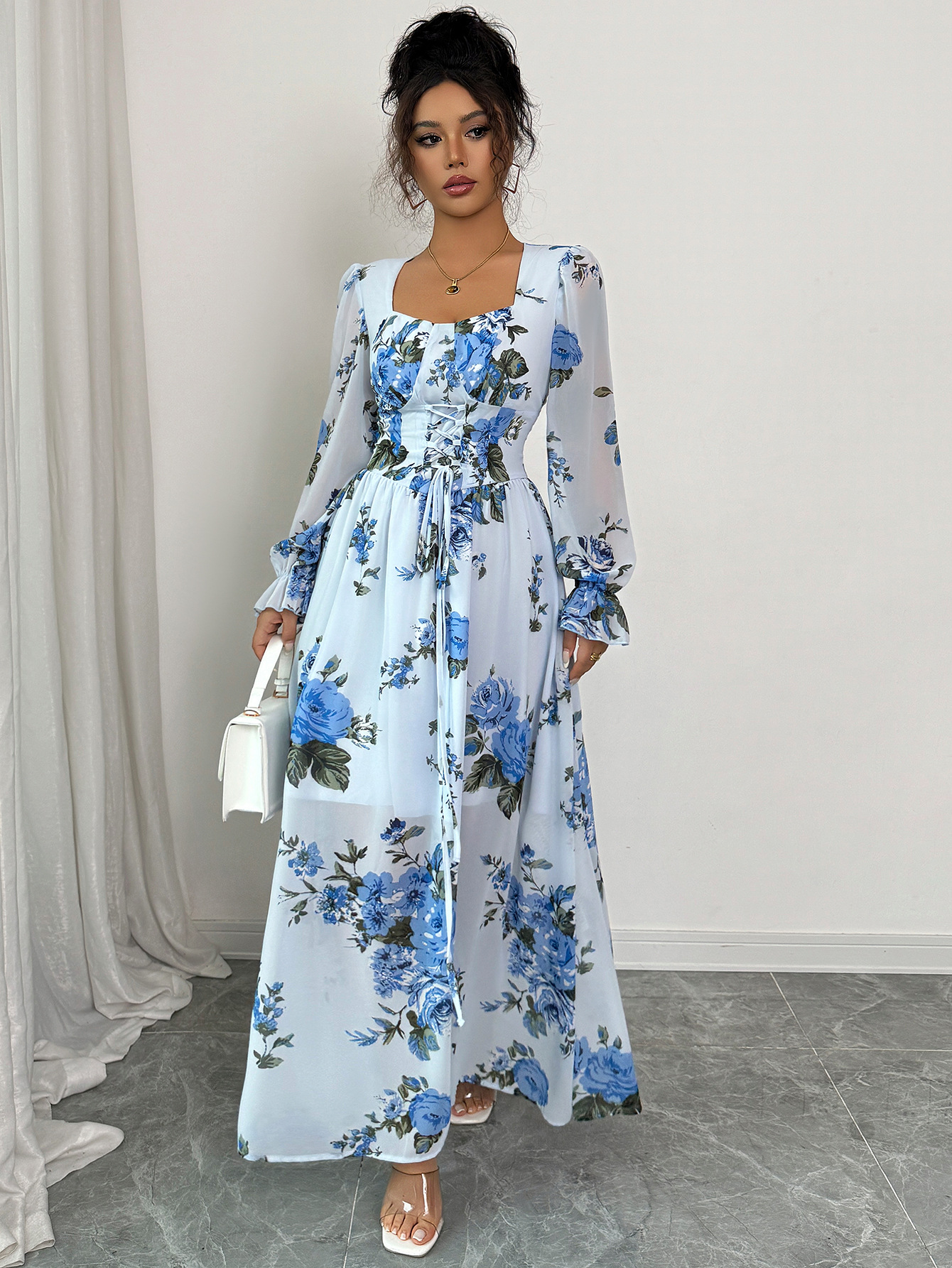 Women's Elegant Simple Printed Long Sleeve Dress Ruffled Trim Autumn Winter Fashion Offering Both Style And Comfort_ecoleips.com