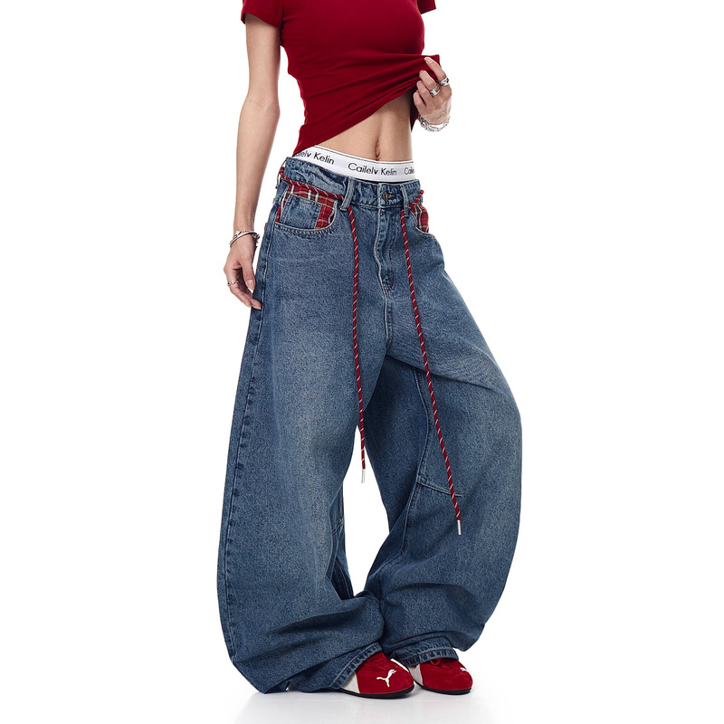 Vintage Patchwork Pocket Contrast Color Jeans for Women, Loose Fit, Versatile Scimitar Pants, Jazz Dance Pants with Waist Rope