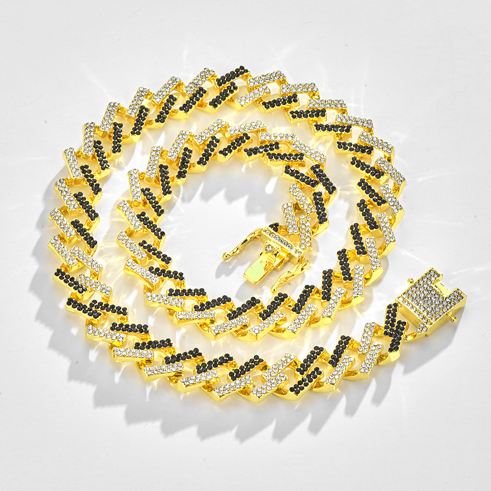 15mm Strip Dense Cuban Chain Couple Miami Luxury Two tone Hip Hop Necklace_voghion.com