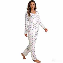 Pajama Set 欧美女士爱心印花睡衣长袖V领花边裤脚居家服两件套