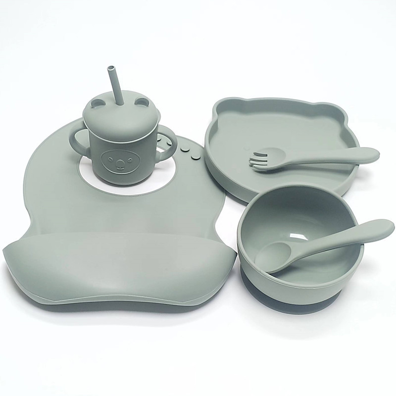 올리브 그린 (리틀베어 1칸 실리콘 접시 + 어린이 그릇 + 턱받이 + 컵 + 풀 실리콘 + 스푼 + 포크)