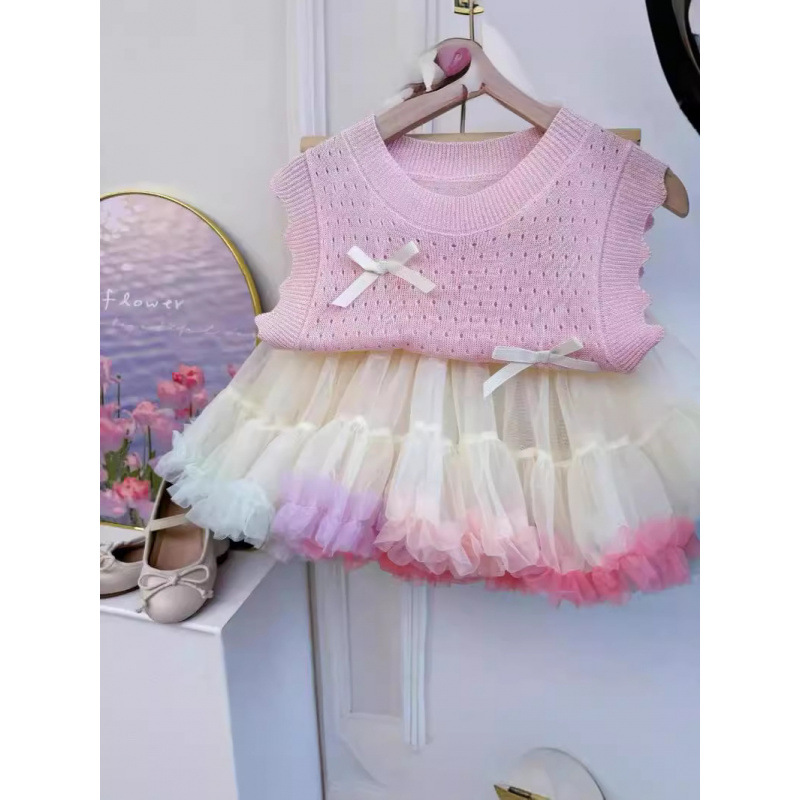 Korean style girls' 2024 summer new style hollow bow flutter sleeve knitted top baby vest fashionable top