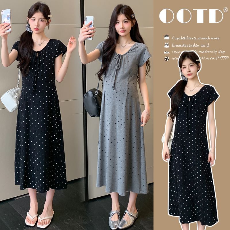 2026 Summer Simple Polka Dot Tie Round Neck Slim Fit Short Sleeve Maternity Dress Lazy Dress Maternity Dress Maternity Fashion Trend