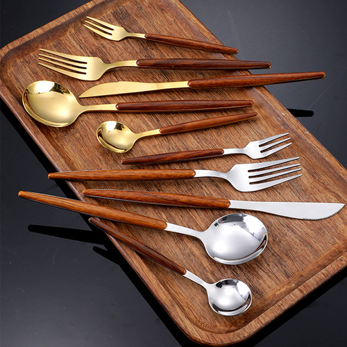 Stainless steel western food tableware steak knife, fork and spoon home hotel wooden handle knife fork spoon cross-border set wholesale