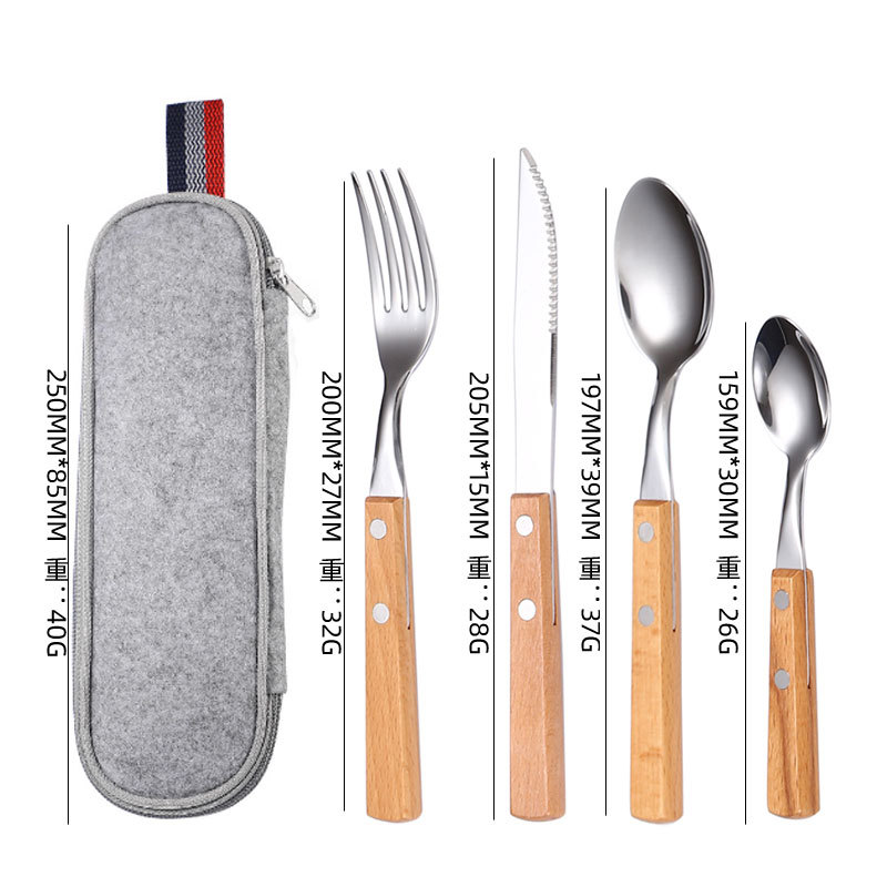 Cuchillo, tenedor y cuchara con mango de madera de acero inoxidable 304, restaurante occidental, bistec, cuchillo, tenedor y cuchara, juego de vajilla portátil de viaje, fuente transfronteriza