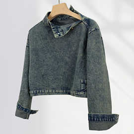 超酷 废土风牛仔外套女复古水洗做旧立领辣妹短款牛仔上衣机车服