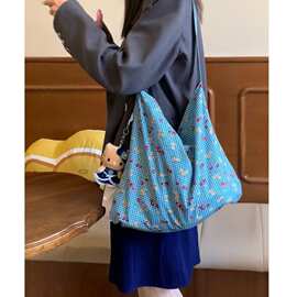 2026春季撞色格子碎花印花小猫咪图案单肩包布包学生斜挎包A23