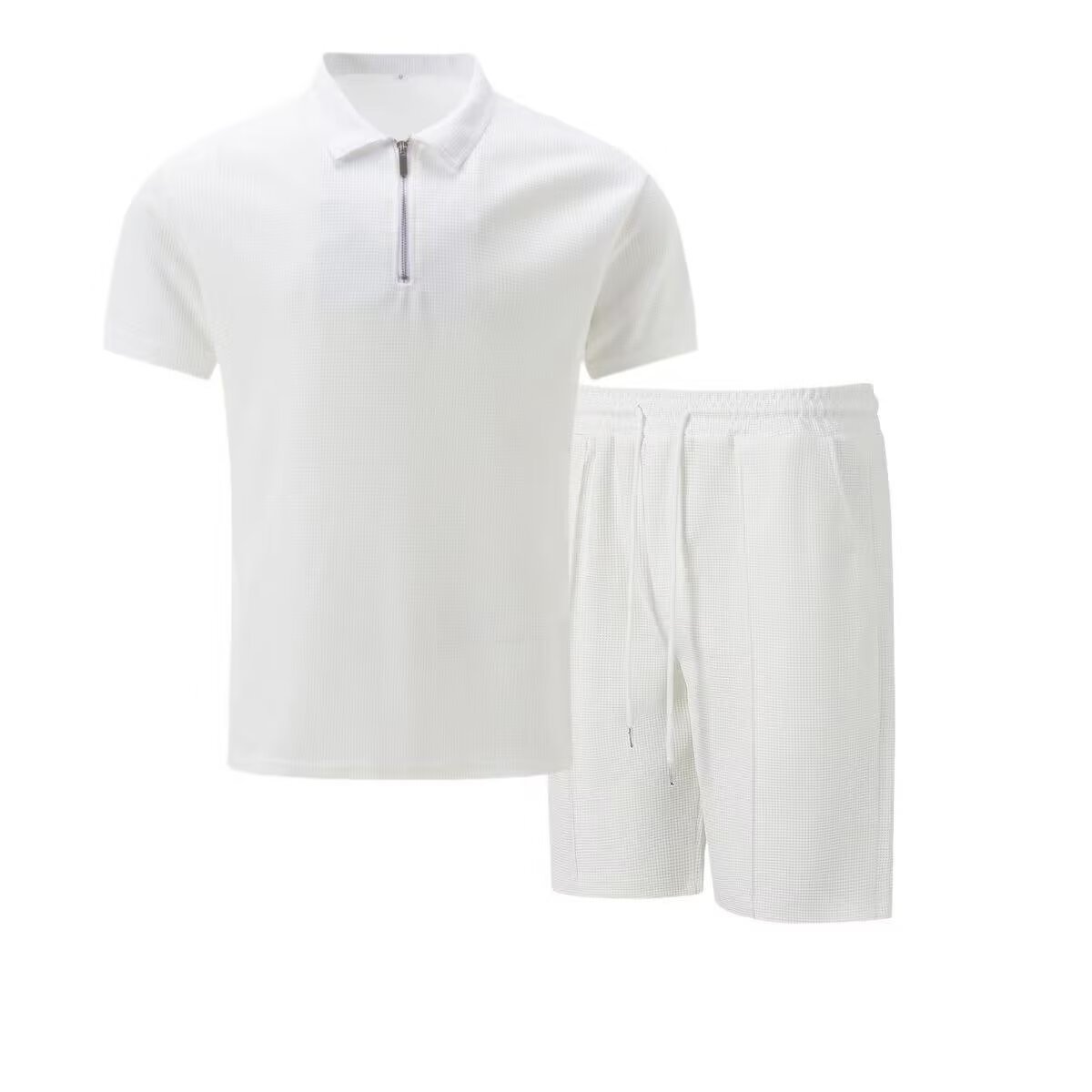 Terno masculino de cor sólida, manga curta, gola waffle, meio zíper, estilo verão._voghion.com