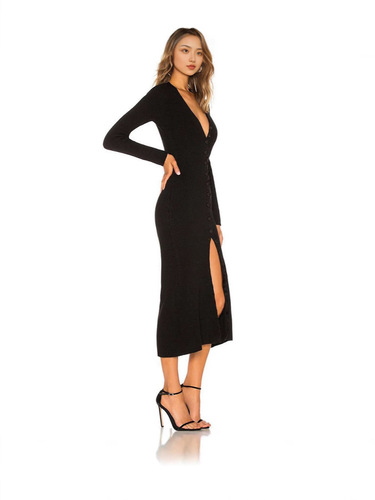 Annual women's knit long-sleeved single-breasted dress V-neck slim long dress