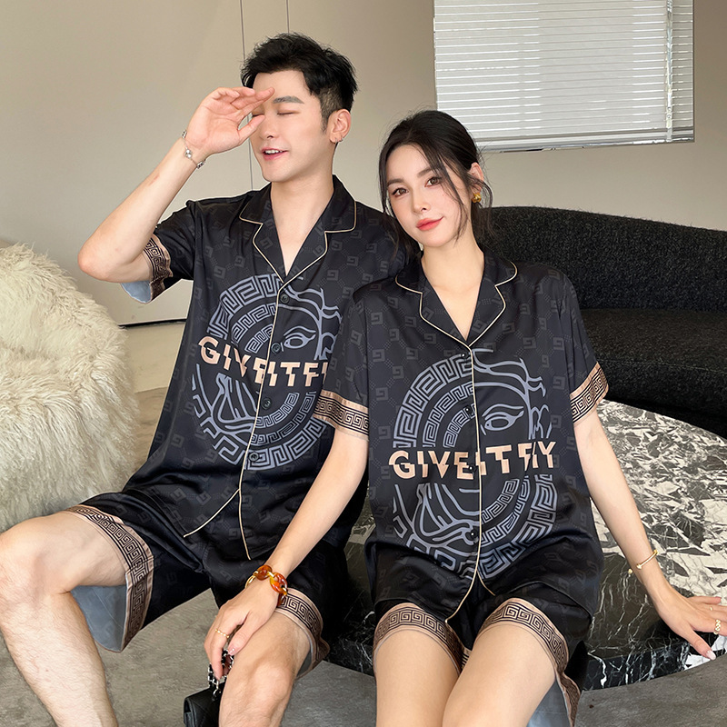 Source factory goods 2025 lovers ice silk pajamas women spring and autumn short sleeve plus size lapel cardigan suit net red live