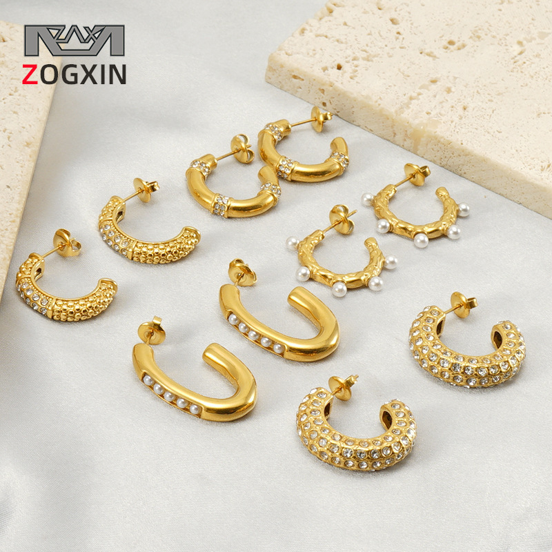 Europeo y Americano de Internet celebridad INS estilo de bambú de acero inoxidable micro-incrustaciones en forma de C Stud pendientes de oro femenino de titanio de acero de alta calidad pendientes de perlas femeninas