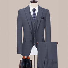 经典格子西服套装男三件套修身英伦西装韩版休闲结婚礼服婚礼正装