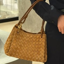 跨境头层磨砂牛皮编织降落伞包秋冬款手提水桶包百搭单肩斜挎女包