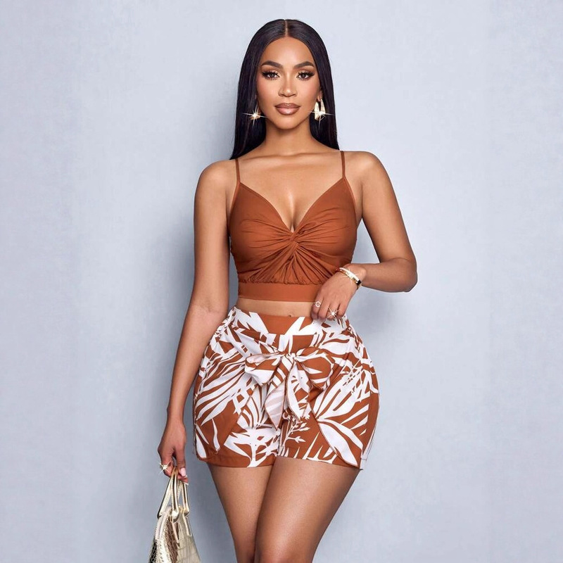 6909 European and American Cross-Border Amazon Women's Spring and Summer Two-Piece Woven Suit Vest Shorts with Straps on the Front
