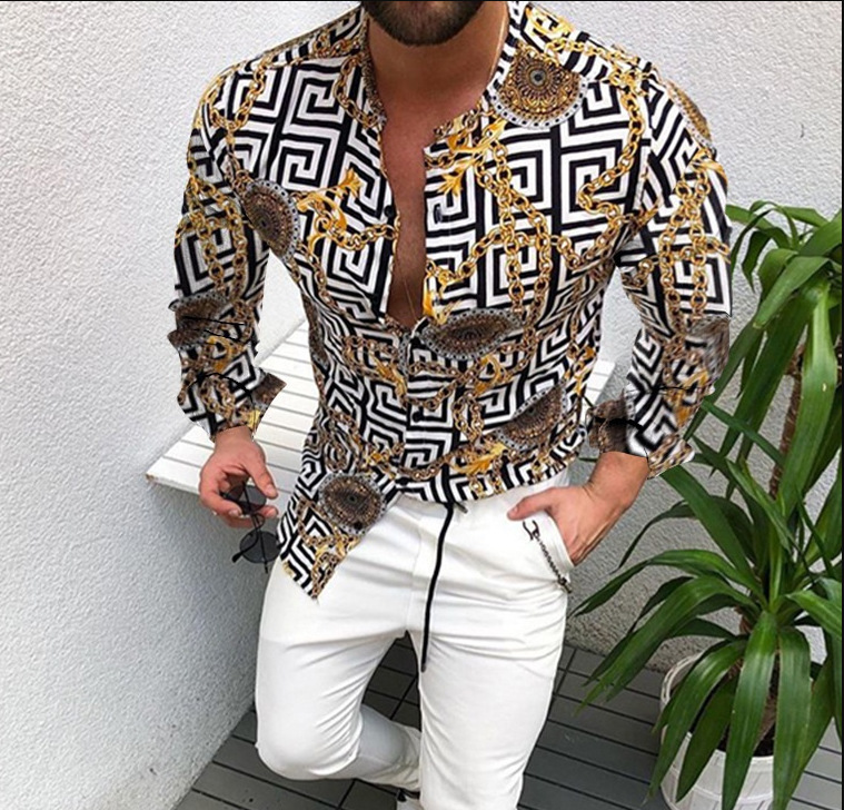 Ropa de los hombres europeos y americanos del comercio exterior 2023 primavera nuevos hombres 3D impreso casual solapa manga larga más tamaño camisa de los hombres