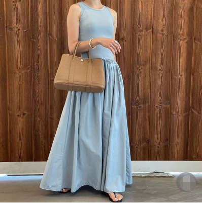 Korean Style Ins Summer Simple Round Neck Slimming Stitching Pleated Elastic Waist Large Skirt Sleeveless Long dress 6 Colors