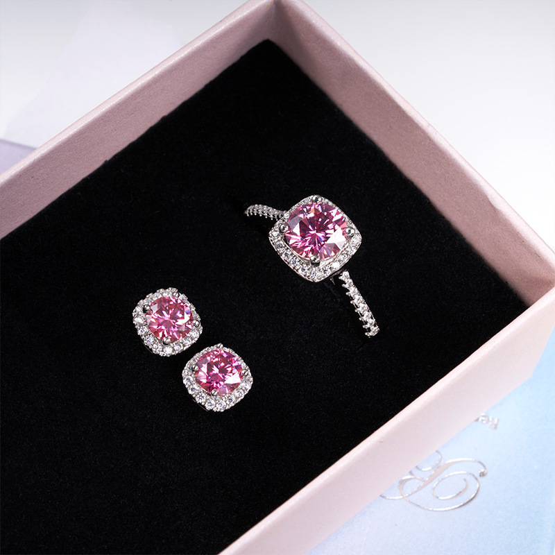 Transfronterizo 1 quilate de anillo de diamante de mosaico conjunto de pernos de orejas transfronterizos venta caliente rosa persiana joyas de piedra de mosaico
