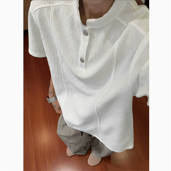 Old Money Style Tree Bark Pattern Henry Collar Regular Shoulder T-Shirt for Men, New Summer American Style High-End Loose Short-Sleeve Polo Shirt