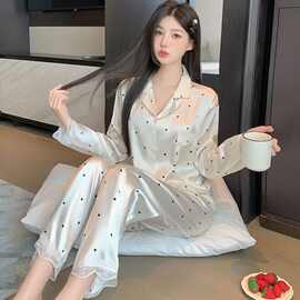 W2F实拍秋季新款法式高级感波点甜美蕾丝长袖睡衣仿真丝家居服套