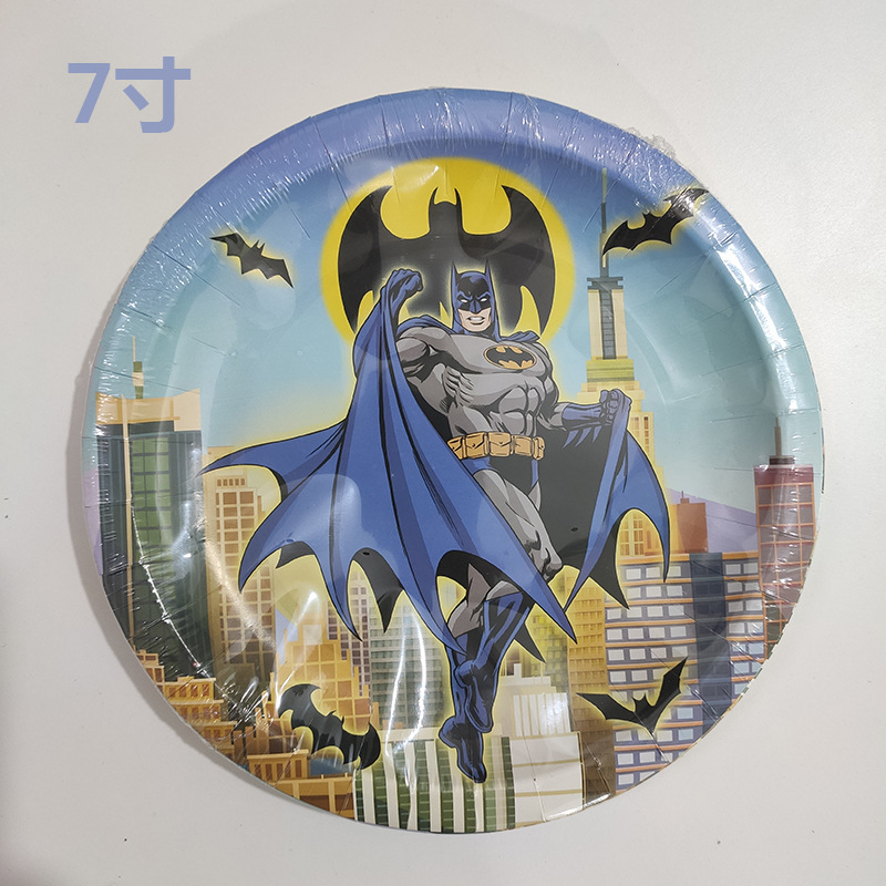 Fabricante en stock Batman Tema de cumpleaños plato de papel taza de papel cuchillo de tejido tenedor cuchara decoración del partido vajilla suministros de traje