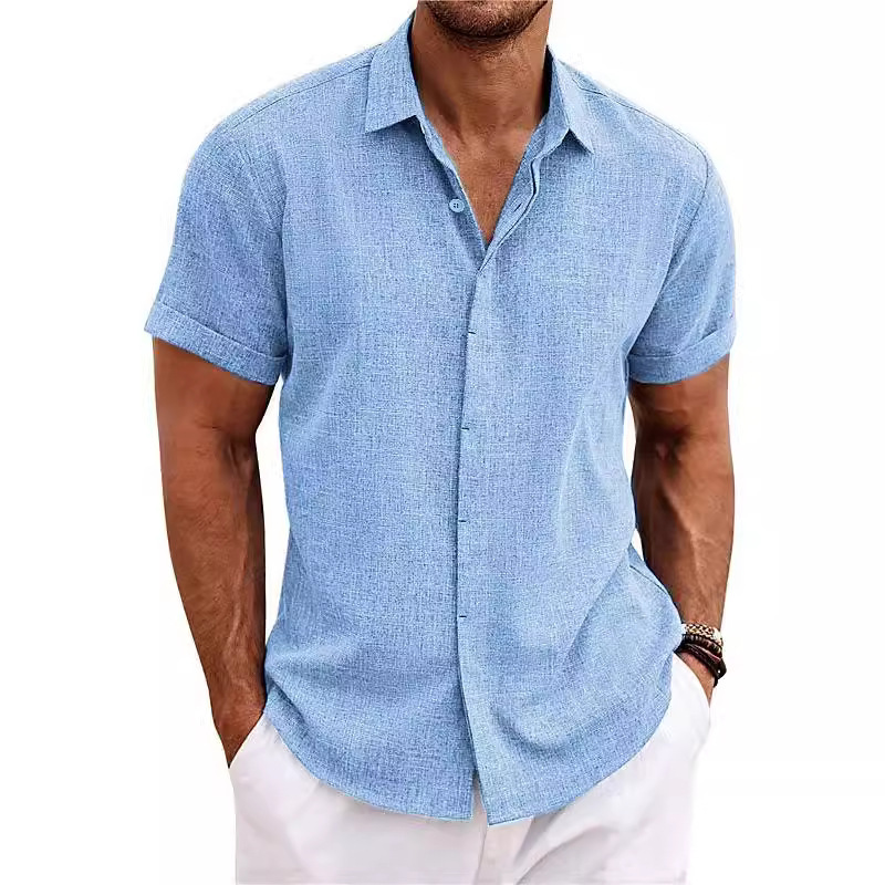 Camicia da uomo in cotone e lino, a maniche corte, tinta unita, con doppia abbottonatura, per il commercio estero transfrontaliero_voghion.com
