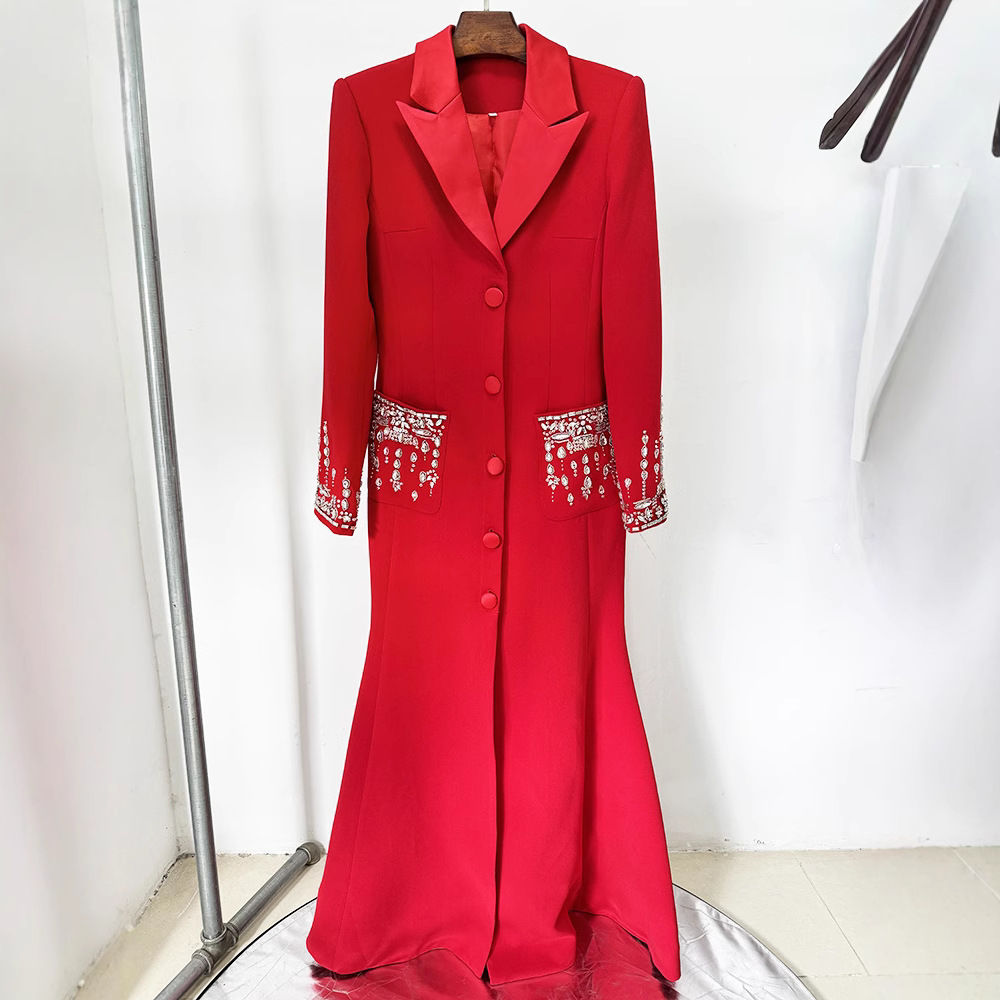 现货 2025欧美明星时尚重工钉珠镶钻西装领连衣裙礼服鱼尾长裙