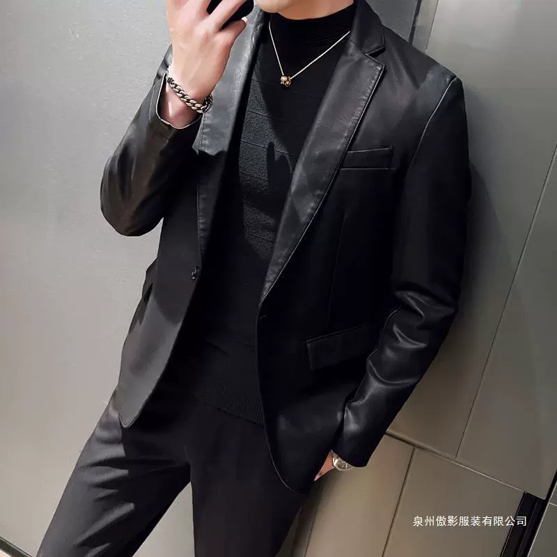 Трансграничная оптовая продажа одежды из искусственной кожи данные хорошие товары стабильные 2023 Весенняя мужская кожаная одежда костюм на одной пуговице брейк цельная доставка