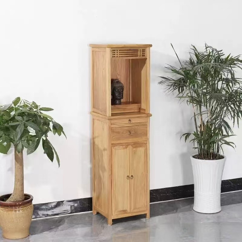 Chinese-Style Old Elm Wood Altar Table with Doors, Standing Cabinet, Solid Wood Guanyin Altar Cabinet, Simple Household Buddhist Niche Altar Cabinet